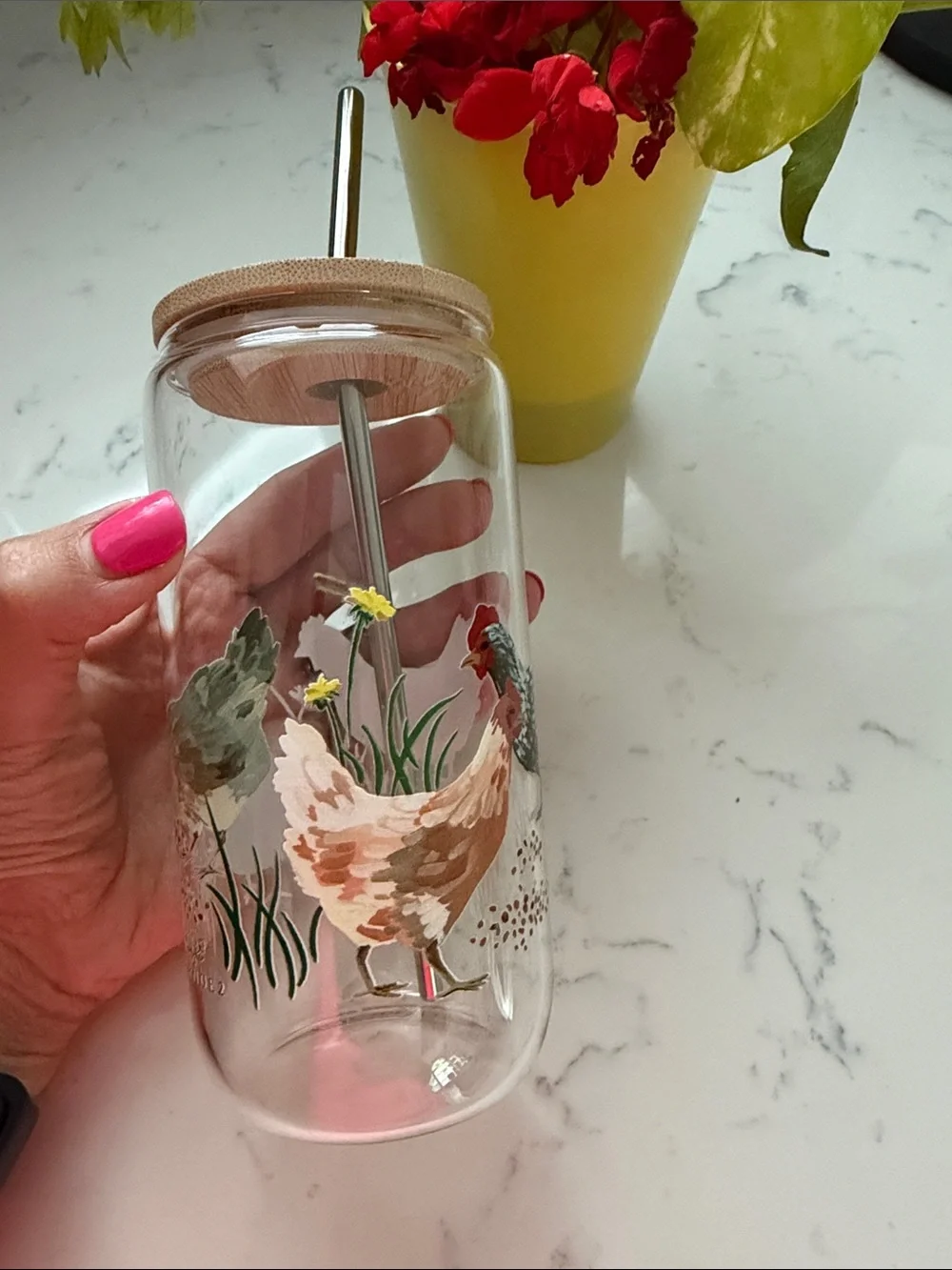 BRAND NEW Glass Chicken Tumbler Wood Lid, Metal Straw, Cup, To Go, Travel Cup